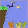 A little man is about to fall off a cliff, while three monsters wait for him to arrive at the bottom with the intent to eat him, a bird looks on.