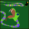 A snake looks on hungrily, it is surrounded by small black birds.