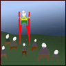 A little man on red stilts appears much happier than the people surrounding him, not on stilts.