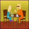 A pair of friends enjoy a conversation over tea.