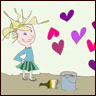 A girl proudly looks at the hearts she has recently painted on the wall.